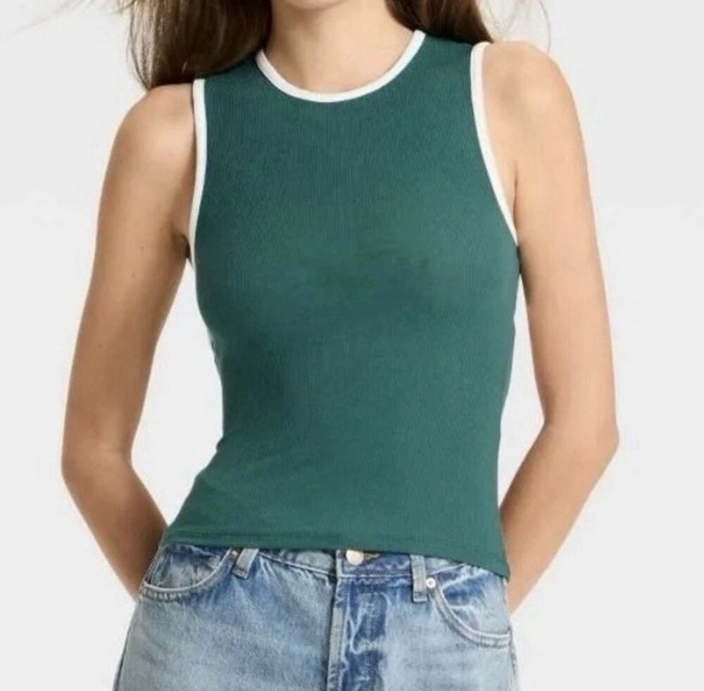 Wild Fable Women’s Petites XS Green Ribbed Knit Crew Neck Tank Open Back